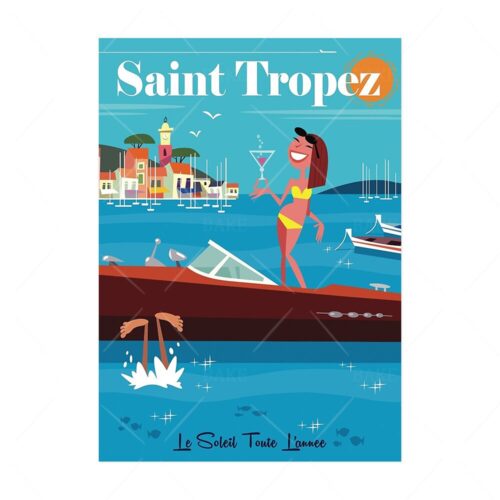 Affiche Ville de France Vintage St Tropez